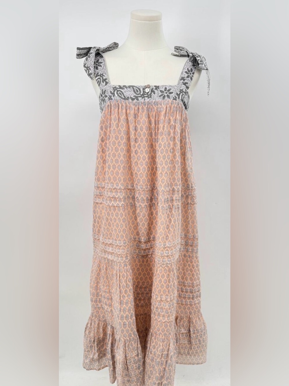 Cleobella Peach Gray Floral Cotton Midi Dress Tie Shoulder Airy Caftan Coastal S